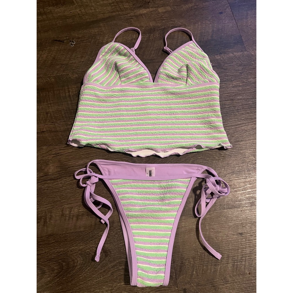 SEAMOLLY Womens Bikini Set Textured Striped Purple Green Size L